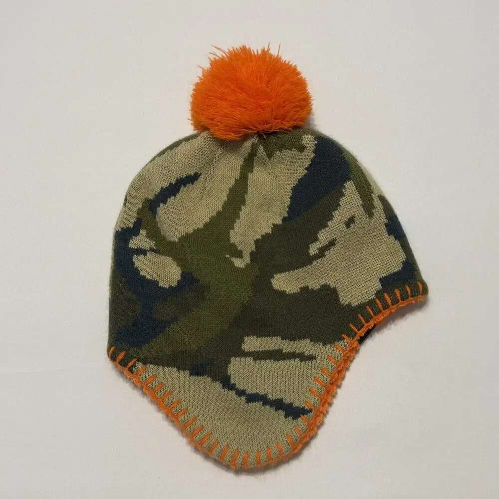 North Face Camo And Orange Fleece Cozy Pom Beanie Hat Baby EUC 4T